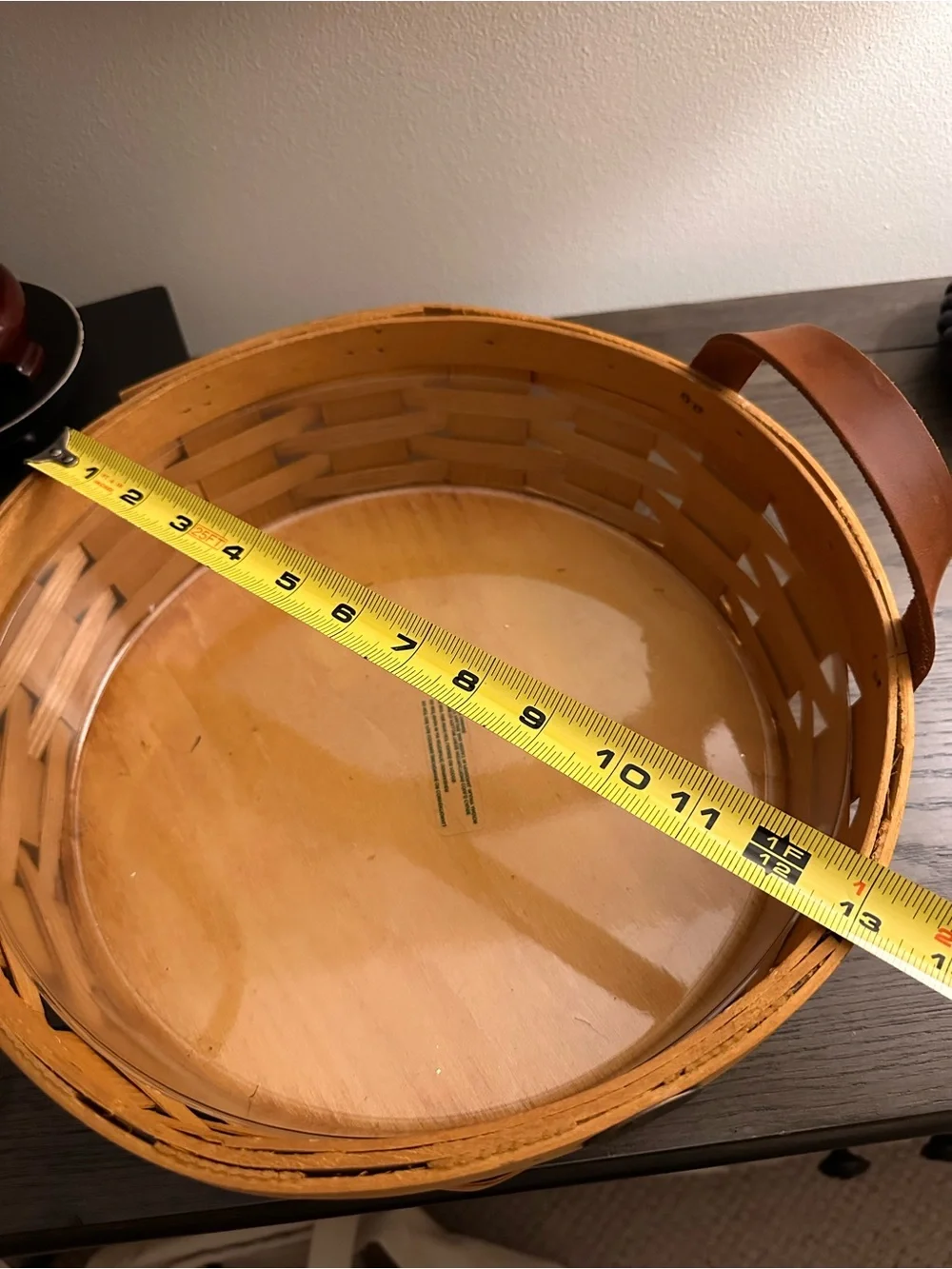 Vintage Peterboro Basket Co Round Woven Wood Basket Leather Handles USA